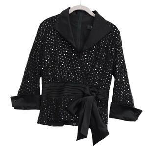 Tadashi Collection Blouse Jacket Sequined 3/4 Sleeve Back Zipper Bow Size 6